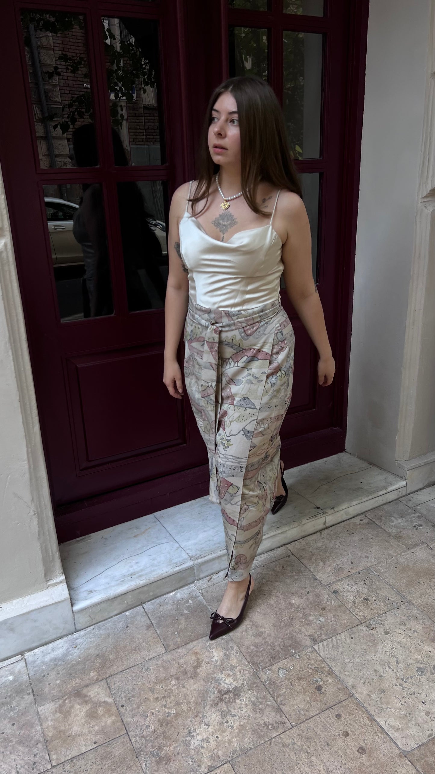 Silk skirt with village pattern