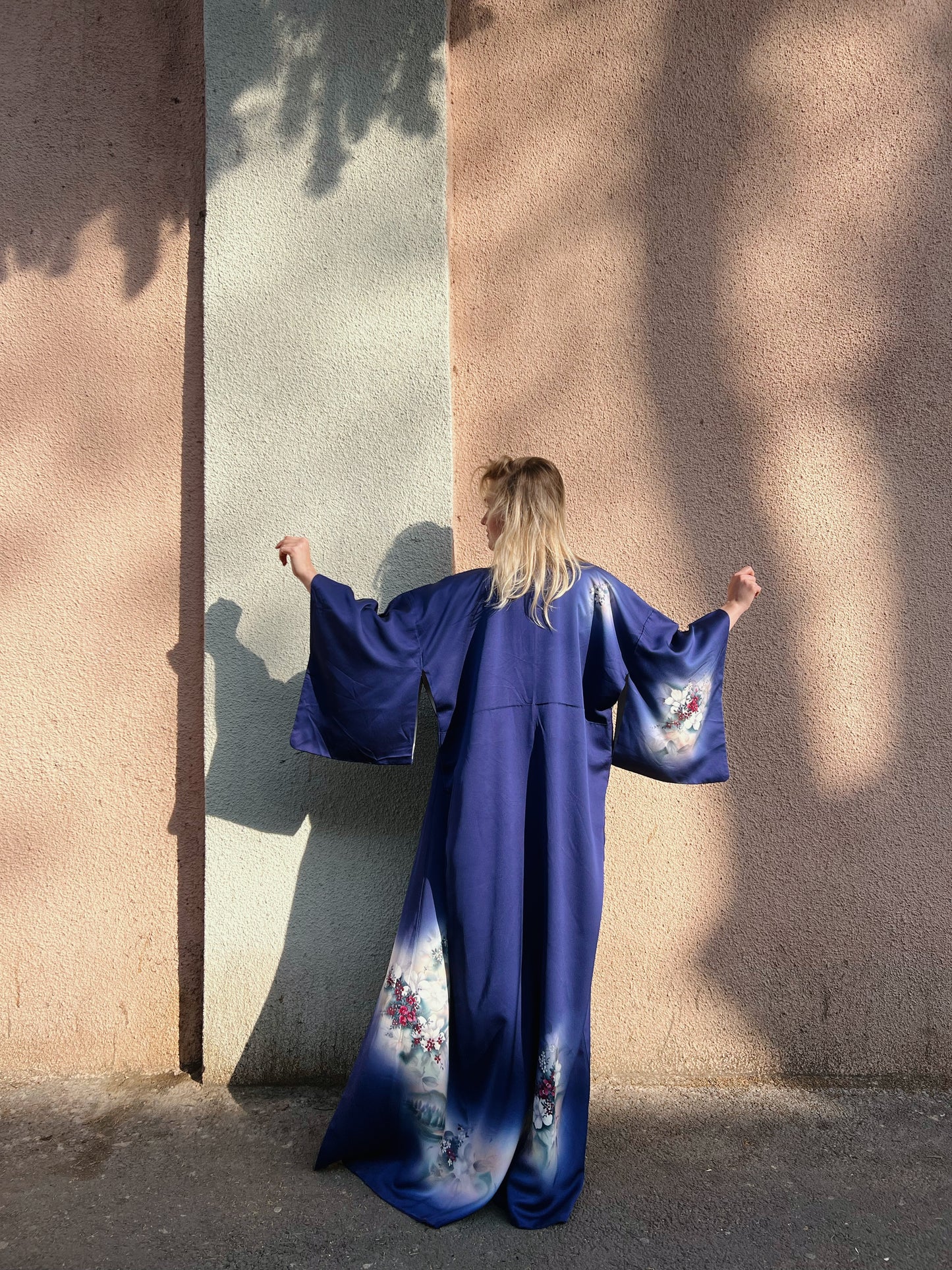 Dark blue kimono with flowers