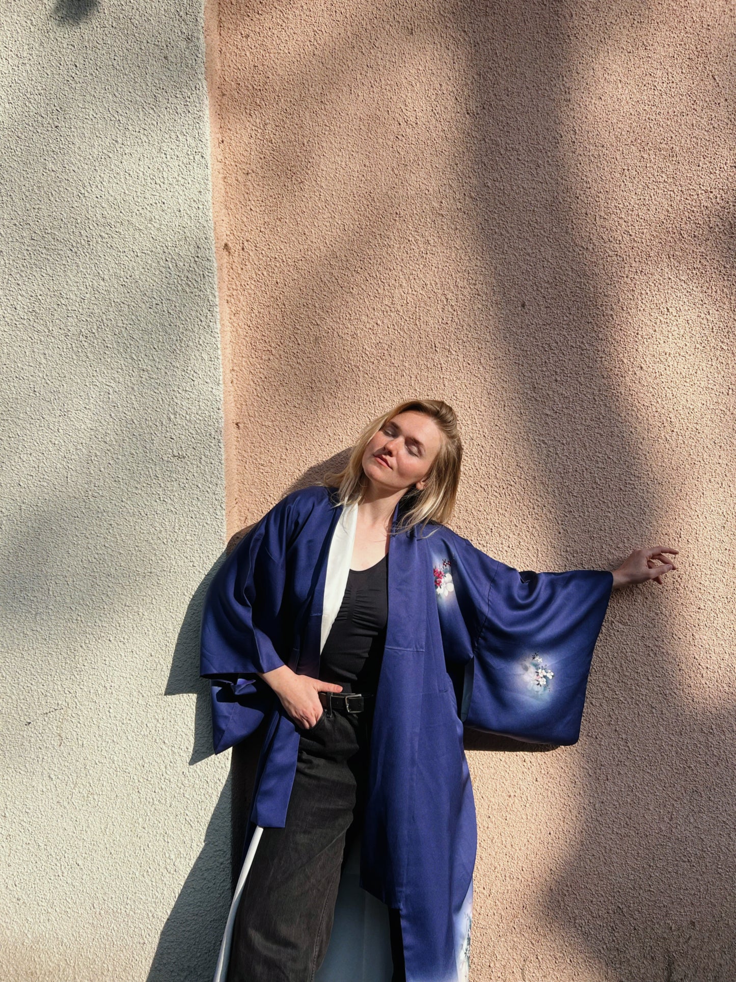 Dark blue kimono with flowers