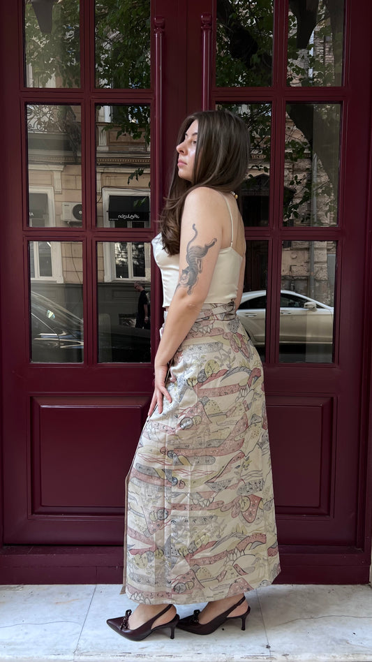 Silk skirt with village pattern