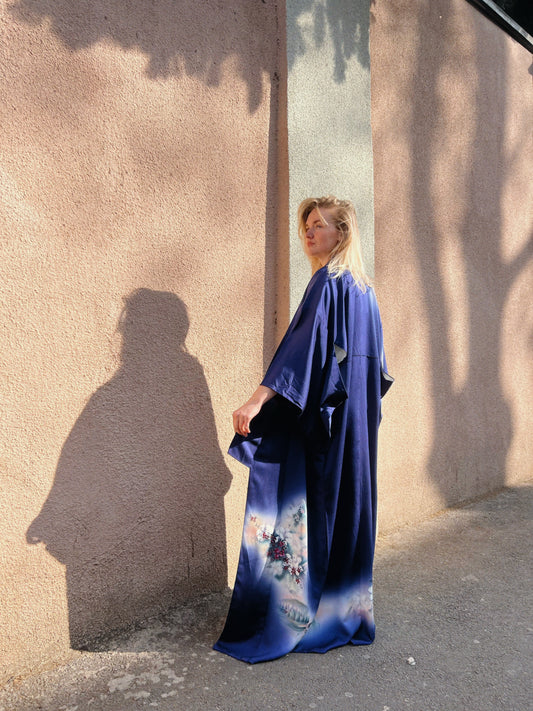 Dark blue kimono with flowers